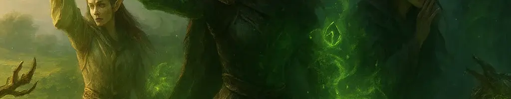 Fantasy illustration of Lorwyn Eclipsed elves shaping dark blight magic and glowing -1/-1 counter energy across a divided light-shadow battlefield.