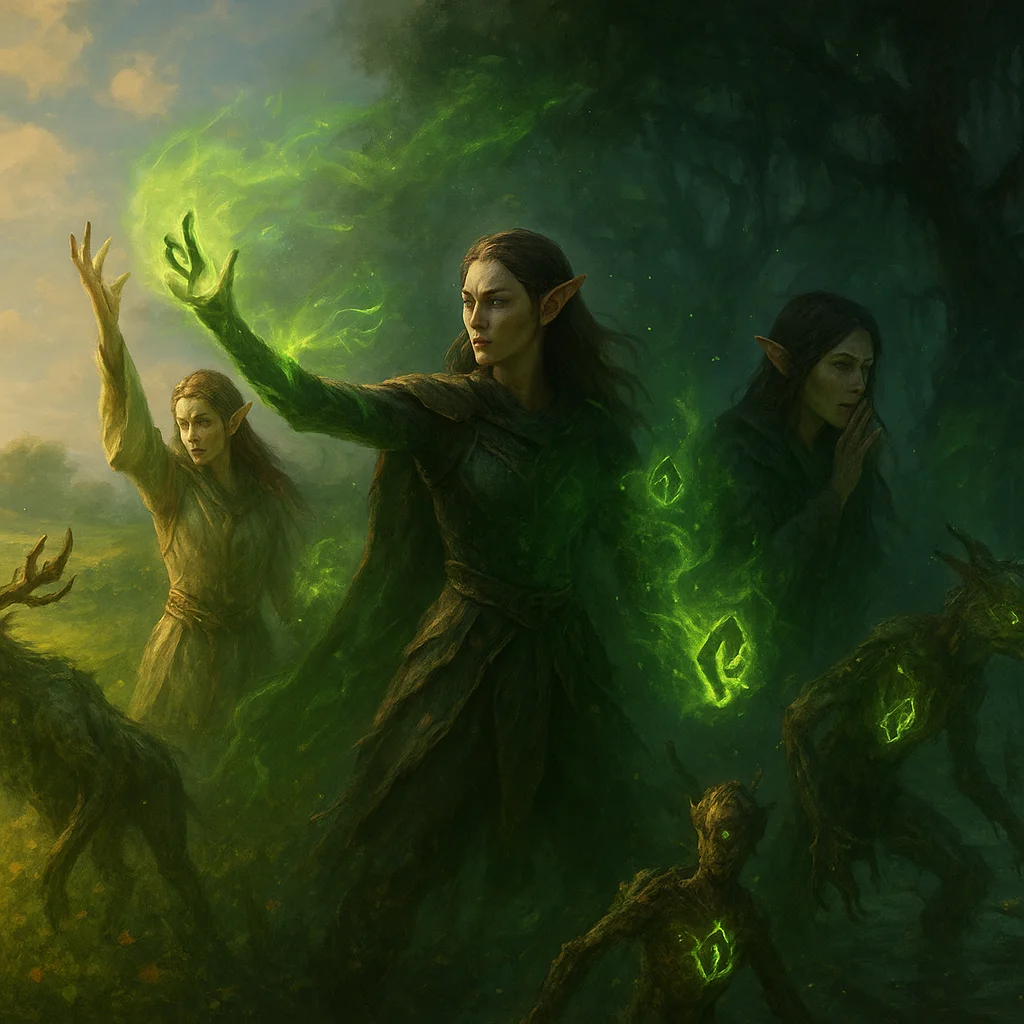 Fantasy illustration of Lorwyn Eclipsed elves shaping dark blight magic and glowing -1/-1 counter energy across a divided light-shadow battlefield.