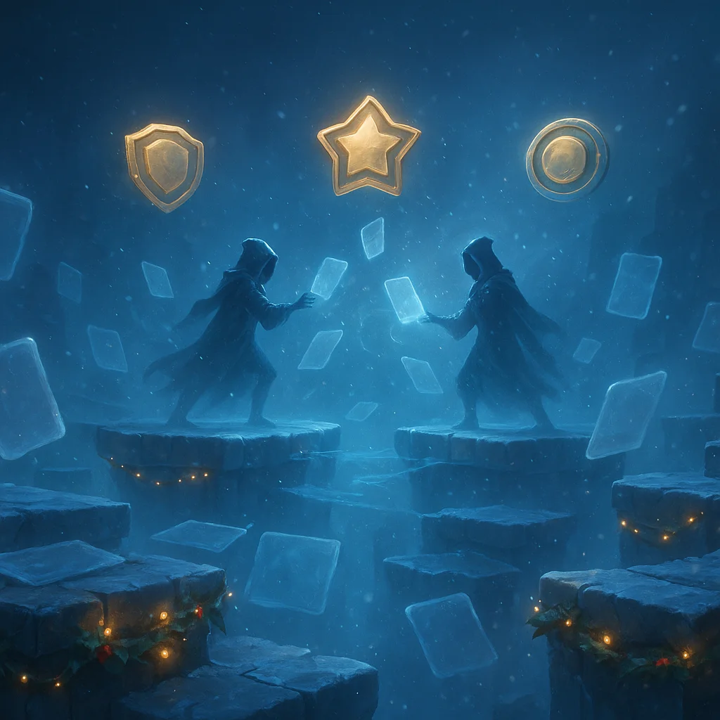 MTG Arena winter-themed battlefield with snowflakes, festive decorations, and achievement icons, illustrating limited-time Winter Achievements and Festive Fighter rewards December guide