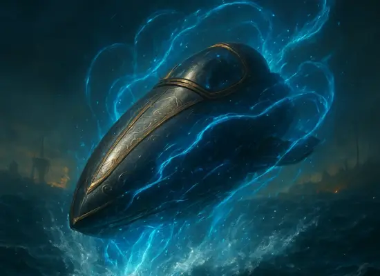Underwater metal submersible vehicle emerging from ocean depths, magical blue water energy swirling, trading-card style scene, no text.