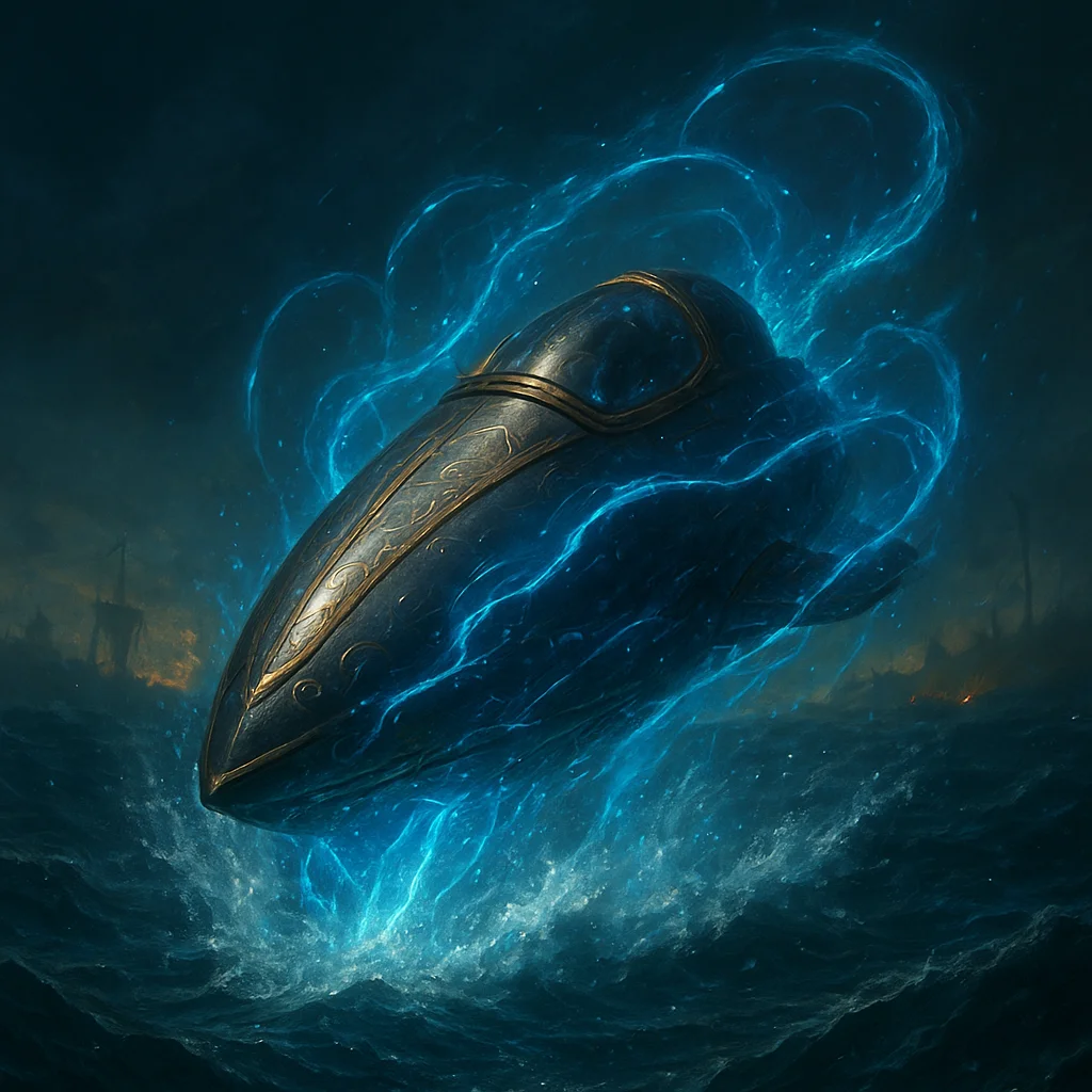 Underwater metal submersible vehicle emerging from ocean depths, magical blue water energy swirling, trading-card style scene, no text.