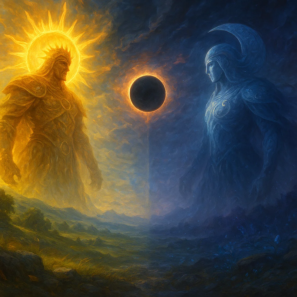 Eirdu and Isilu transforming god card concept with sunlit Lorwyn fading into twilight Shadowmoor, dramatic eclipse sky, fantasy atmosphere