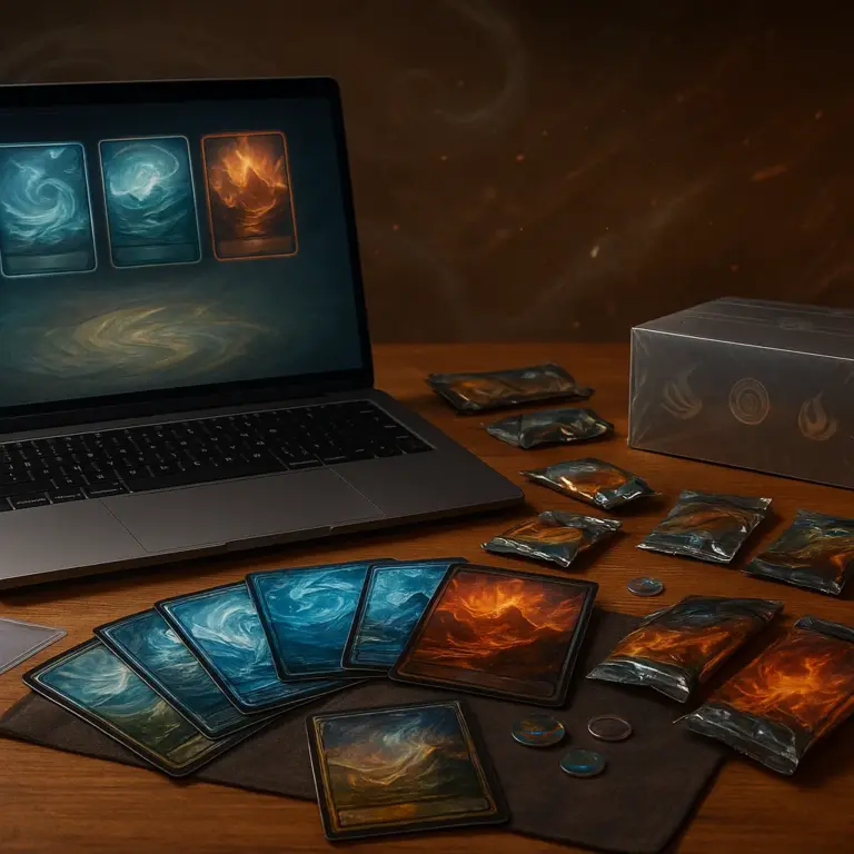 MTG Arena sealed pool with Avatar The Last Airbender themed cards and a Play Booster box prize on a clean tabletop setup